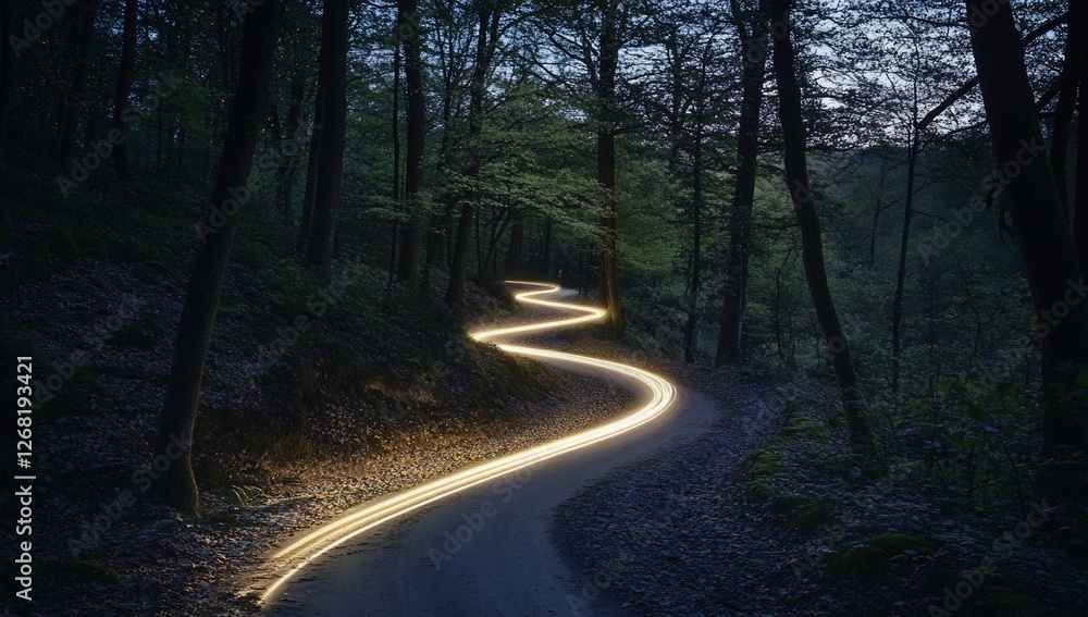 Naklejka premium Winding road through dark forest at night, illuminated by car lights creating a light trail.