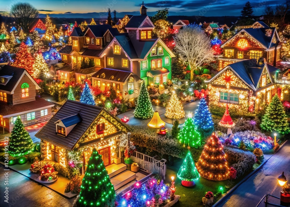 Fototapeta premium Festive Neighborhood Lights: Magical Christmas House Decorations Stock Photo