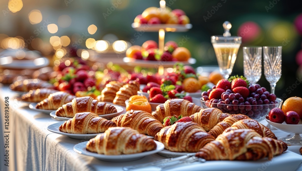 Naklejka premium A lavish breakfast buffet displays golden croissants and fresh fruit, setting a celebratory mood outdoors.