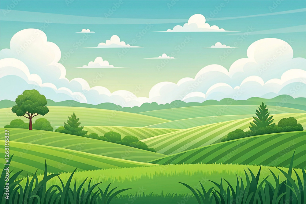 Obraz premium Idyllic green rolling hills farm landscape, sunny day
