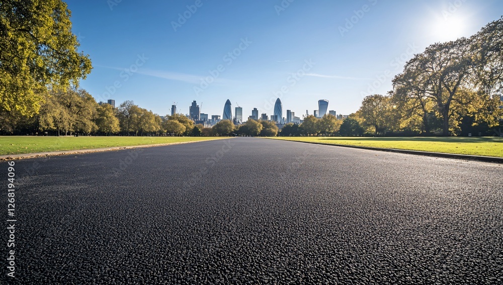 Fototapeta premium City skyline view from paved road in park.