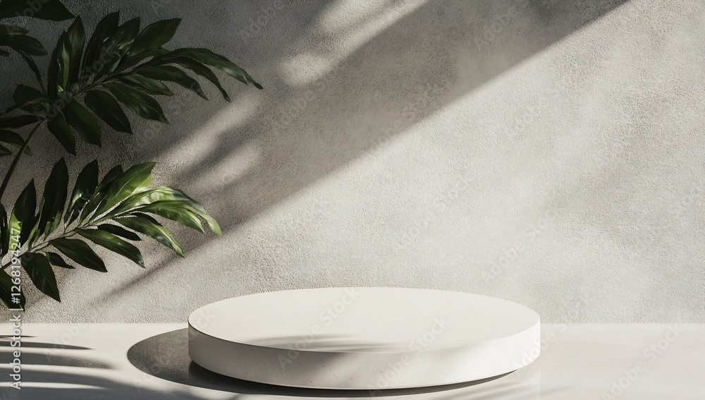 White round podium with tropical leaves against a textured wall in sunlight. White round podium with tropical leaves against a textured wall in sunlight.