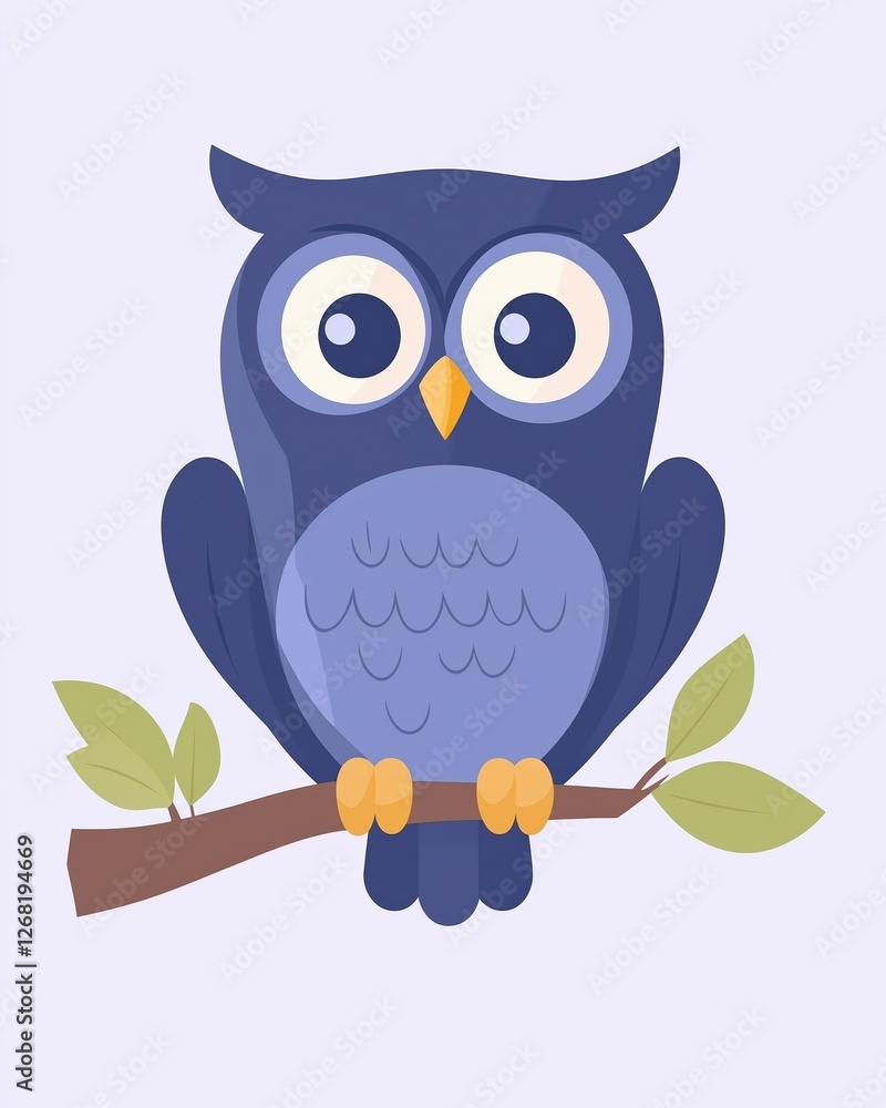 Fototapeta premium A cute cartoon owl with big eyes perched on a branch with green leaves.