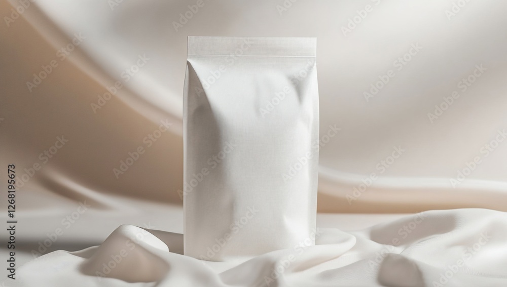 Blank white stand-up pouch on fabric. Blank white stand-up pouch on fabric.