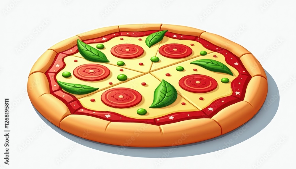 Vibrant Animated Pizza Slices on Pure White Background. A cartoon pizza with tomato slices and green olives. Vibrant Animated Pizza Slices on Pure White Background. A cartoon pizza with tomato slices and green olives.