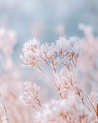 Papier peint photo  Frost-covered plants in soft light, delicate winter scene.  © BerkahStock