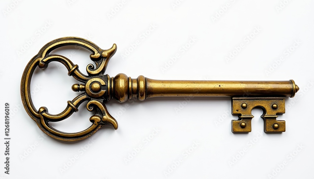 Isolated golden skeleton key on a flawless white background. A golden skeleton key on a white background. Isolated golden skeleton key on a flawless white background. A golden skeleton key on a white background.