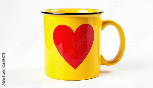 Vibrant Red Heart Mug on Stunning White Background. A yellow mug with a red heart on it. photo