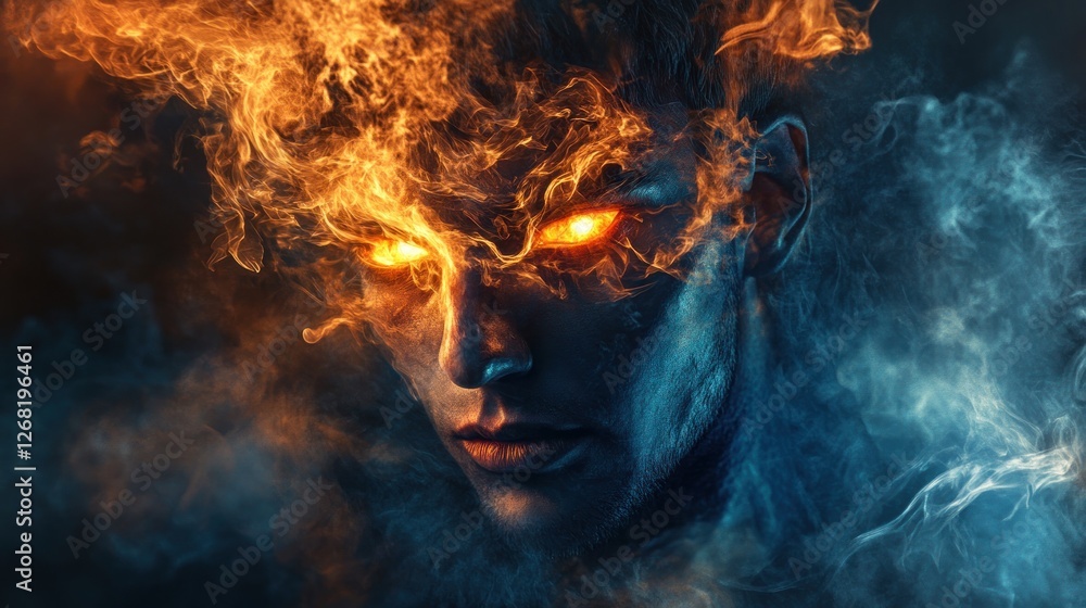 Elemental being with fire hair and glowing eyes intense mystical energy Elemental being with fire hair and glowing eyes intense mystical energy
