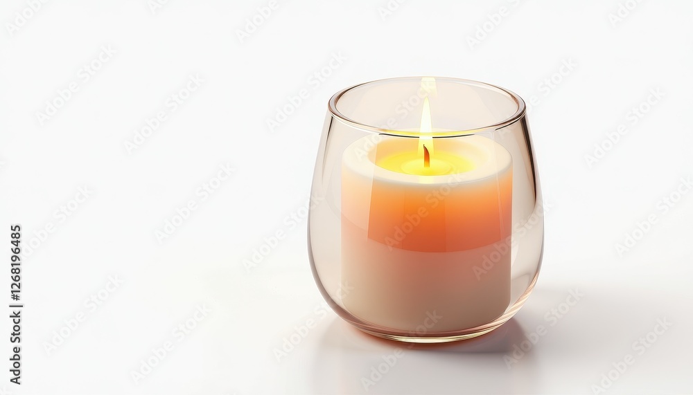 Isolated candlelit glass on soft white background for cozy ambiance. A lit candle in a clear glass on a white background. Isolated candlelit glass on soft white background for cozy ambiance. A lit candle in a clear glass on a white background.