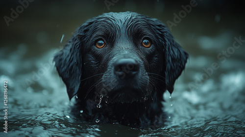 The dog comes out of the waterfalll photo