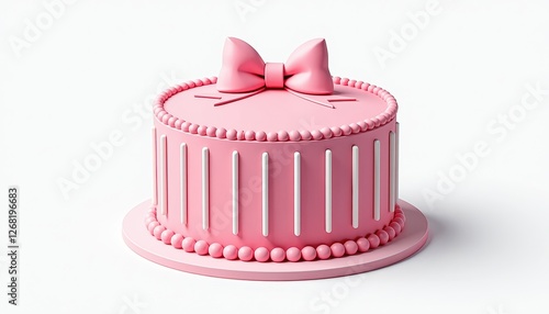 Glossy Pink Cake Set Against Stunning White Background with Bold Bow. A pink cake with a large bow on top. photo