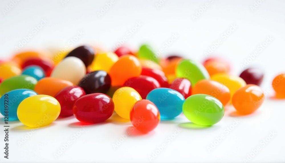 Vibrant Jelly Beans on Pure White Background: Glossy Reflections and Colorful Delight. A pile of brightly colored jelly beans on a white surface. Vibrant Jelly Beans on Pure White Background: Glossy Reflections and Colorful Delight. A pile of brightly colored jelly beans on a white surface.