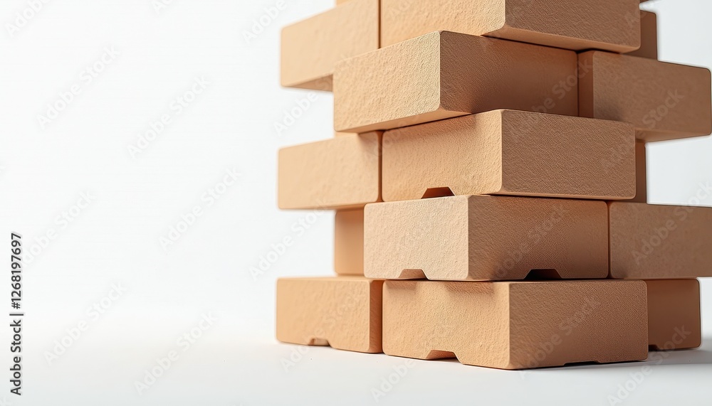 Obraz premium Vivid Contrast: Beige Wooden Blocks on Stunning White Background. A stack of wooden blocks on a white surface.