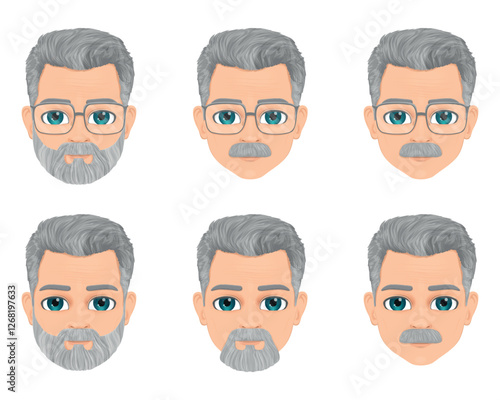 Different beard styles of gray-haired old man