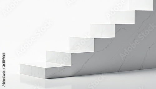 Minimalist White Marble Staircase on Pure White Background: Sleek, Glossy Steps with Modern Contrast. A set of white marble steps on a white surface.