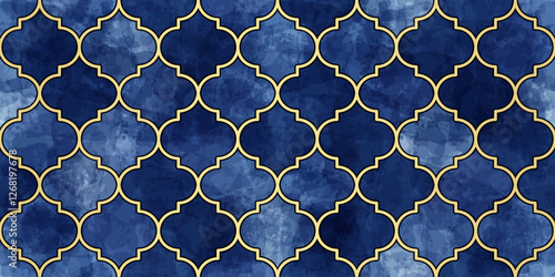 Moroccan Seamless Pattern. Turkish Mosque Window Shape. Arabic Mosaic Watercolor Ornament Background. Eid Mubarak Muslim Decoration. Ramadan Kareem Islamic Illustration