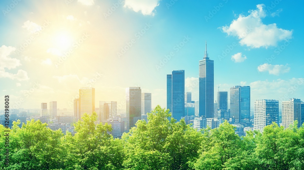 Fototapeta premium Sunny cityscape skyline with lush green trees.