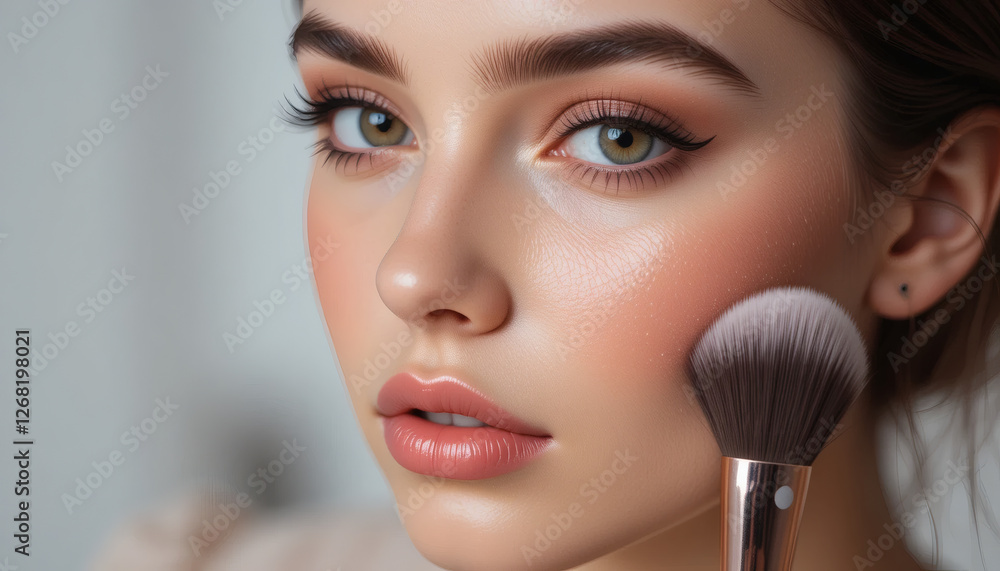 Beauty girl with makeup brushes. Make up for woman. Girl with makeup brushes near face. Cosmetic brush. Facial Makeup. Female model applying blush powder foundation tone. Beauty girl with makeup brushes. Make up for woman. Girl with makeup brushes near face. Cosmetic brush. Facial Makeup. Female model applying blush powder foundation tone.