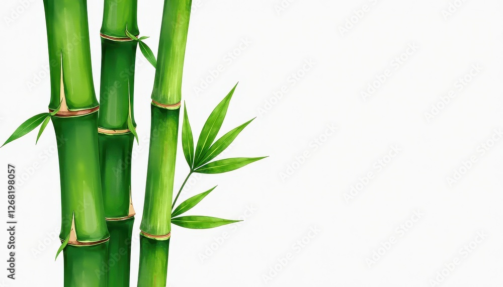 Obraz premium Stark White Background: Detailed Watercolor Bamboo Plant Artwork. A watercolor painting of a bamboo plant with green leaves.