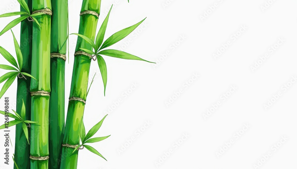 Obraz premium Isolated Bamboo Plant Against Pure White Background: Realistic Artistry and Vivid Greenery. A painting of a bamboo plant with green leaves.