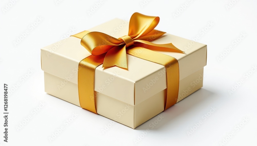 Pristine White Background Gift Box Adorned with Golden Ribbon and Bow. A white gift box with a golden ribbon and bow. Pristine White Background Gift Box Adorned with Golden Ribbon and Bow. A white gift box with a golden ribbon and bow.
