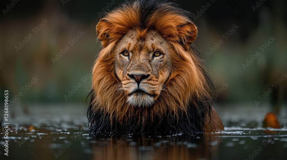 Fototapeta premium A majestic lion wades through water, showcasing its powerful presence.