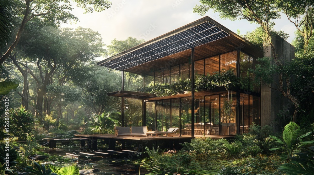 Modern glass house in lush jungle setting. Modern glass house in lush jungle setting.