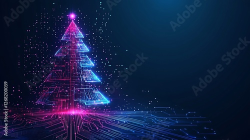 Futuristic digital Christmas tree on circuit board.