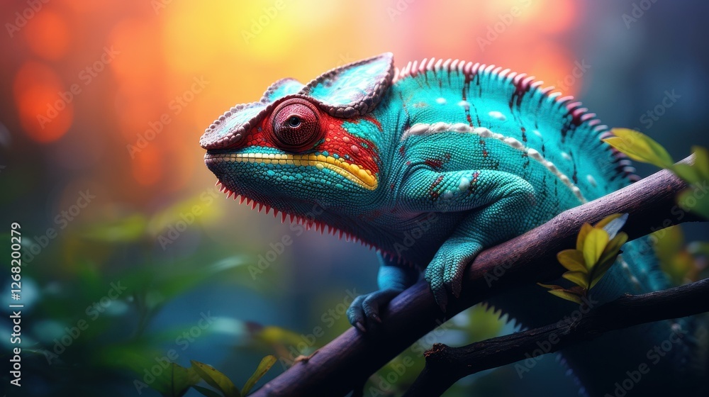 Fototapeta premium Stunning chameleon head captured in detail, showcasing vibrant colors against a softly blurred backdrop.