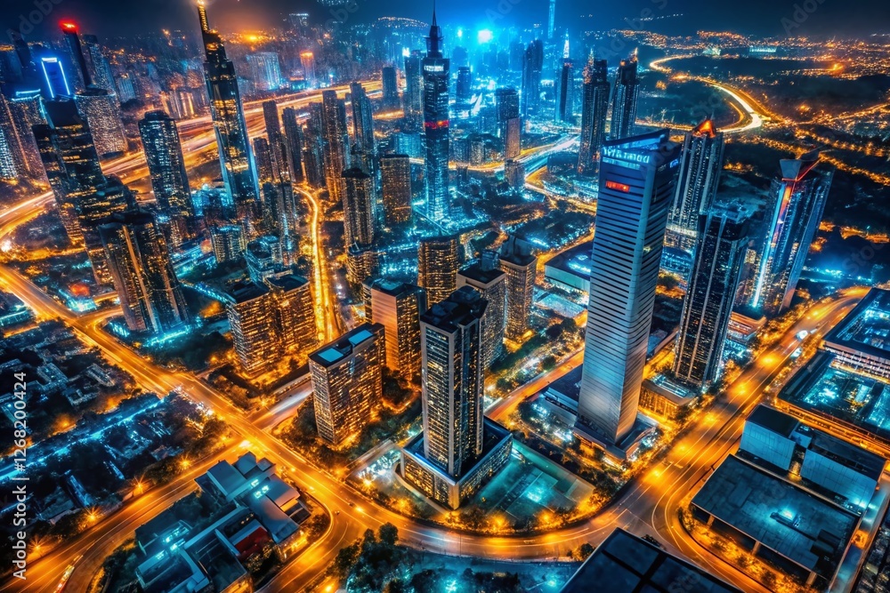 Futuristic Night Landscape: Drone View of Glowing Blue and Orange Lights Futuristic Night Landscape: Drone View of Glowing Blue and Orange Lights