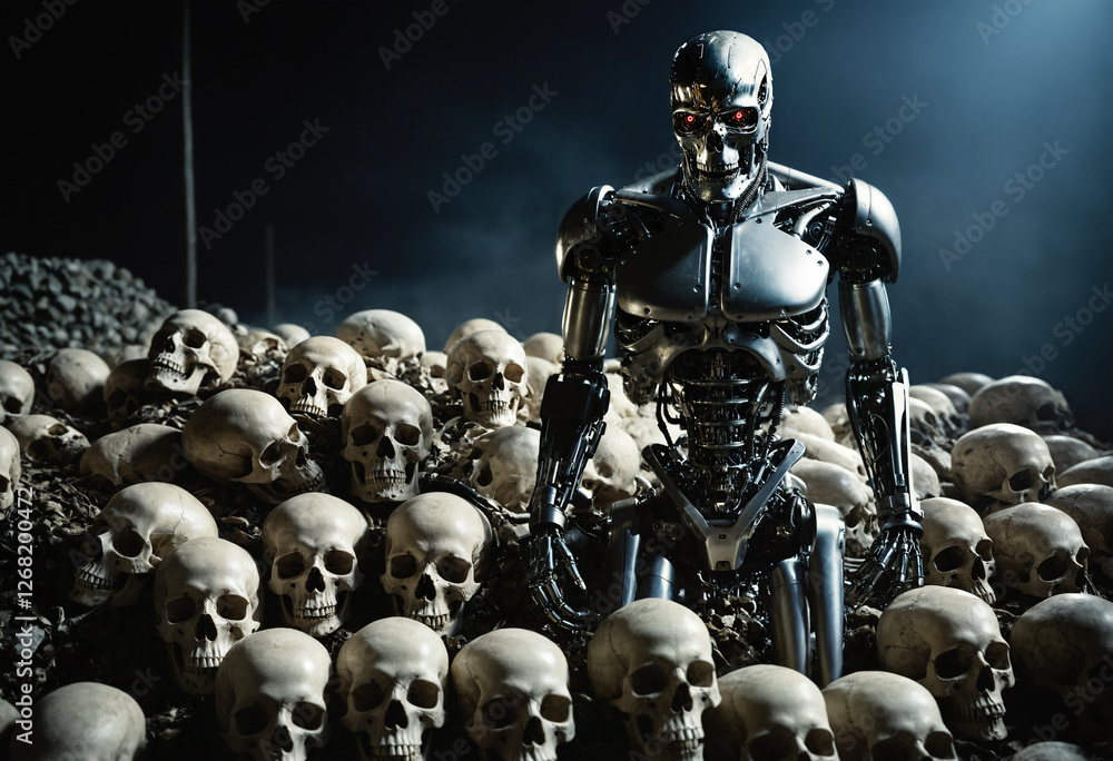 Naklejka premium evil humanoid robot walking over human skulls in a dystopian AI-controlled future