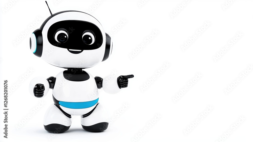 A friendly robot character with headphones, pointing and smiling. A friendly robot character with headphones, pointing and smiling.