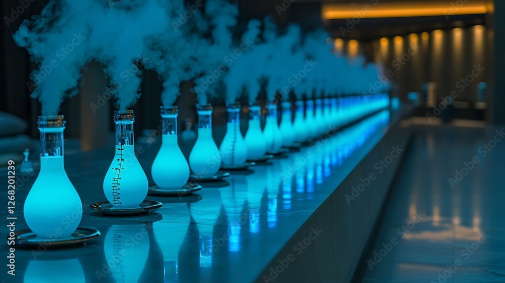 Glowing blue flasks emitting vapor on a reflective surface. Glowing blue flasks emitting vapor on a reflective surface.