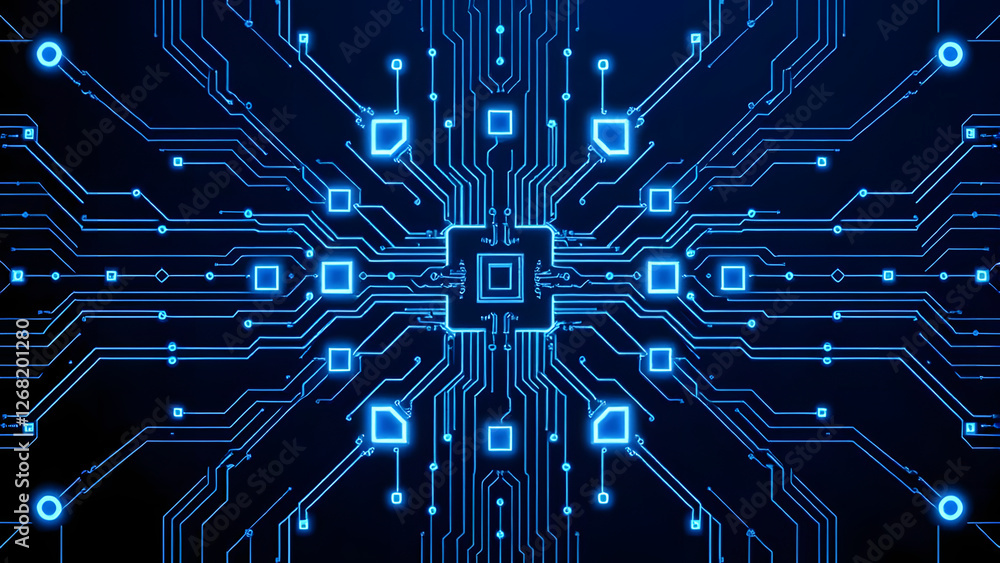 A digital blue abstract background with circuit board lines and starry tech pattern A digital blue abstract background with circuit board lines and starry tech pattern