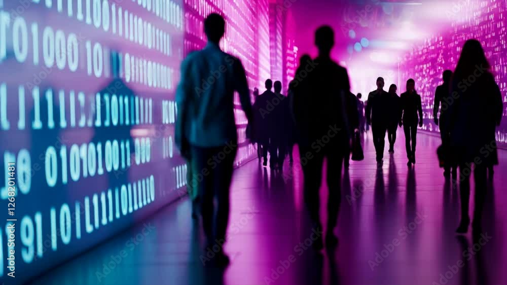 Silhouettes of people walking in a digital tunnel with binary code and glowing pink and blue light, symbolizing technology and connectivity.	
