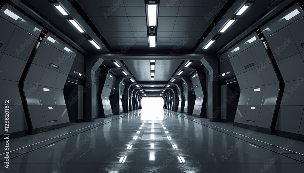 Fototapeta premium Dark Futuristic Modern Garage Showroom Tunnel Corridor