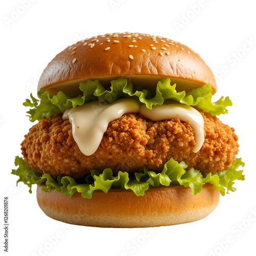 Crispy hamburger Zinger Burger, Perfectly Lit & Mouthwatering, isolated on a transparent background