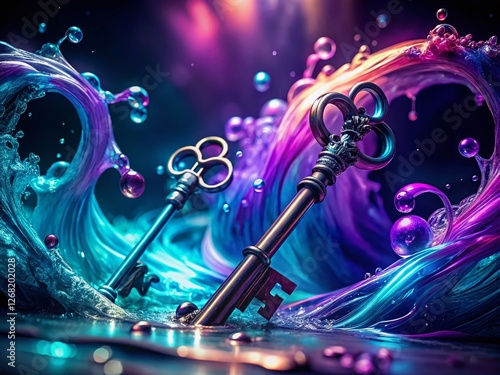 Glowing Keys Dissolving into Teal and Purple Liquid Waves - Abstract Stock Photo