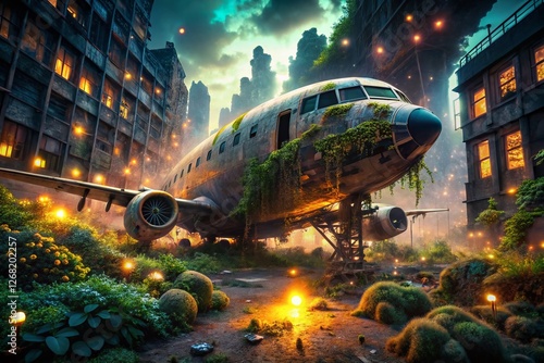 Glowing Particle Airplane: Urban Exploration Photography - Futuristic Aerial Scene