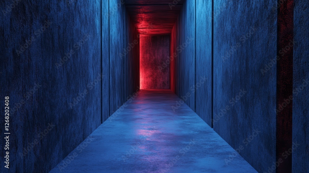 A blue hallway with a red light shining on it A blue hallway with a red light shining on it