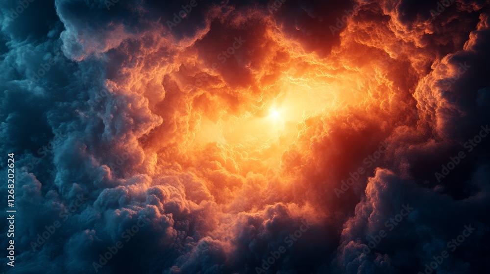 A fiery orange cloud with a bright yellow sun in the middle A fiery orange cloud with a bright yellow sun in the middle