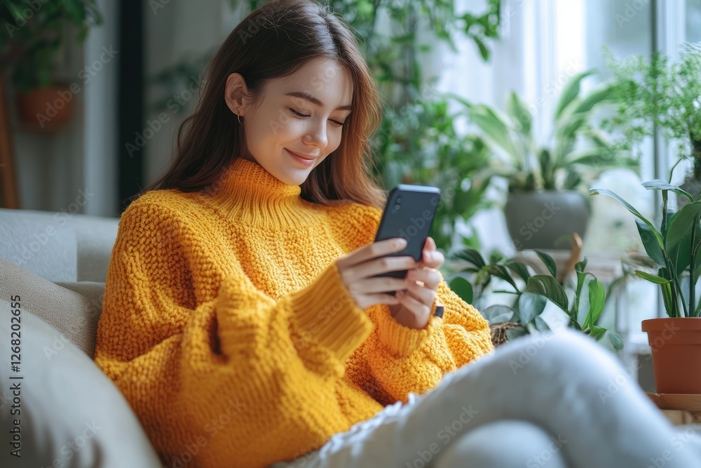 Happy young asian woman relaxing on couch with smartphone texting and shopping at home Happy young asian woman relaxing on couch with smartphone texting and shopping at home