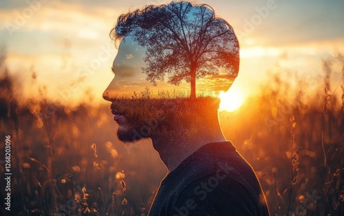 Silhouette of a Man with Serene Landscape in Mind Reflecting Psychology and Introspection