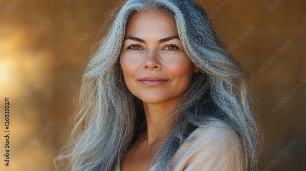 Portrait of a smiling Native American woman in her 40s with gray hair wearing a cozy white sweater and radiating warmth and happiness Portrait of a smiling Native American woman in her 40s with gray hair wearing a cozy white sweater and radiating warmth and happiness
