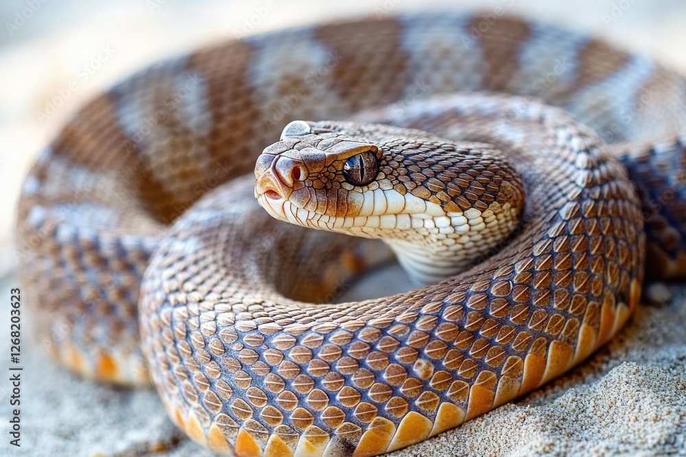 Rattlesnake coiled in sand with head facing the camera, showcasing brown color and intricate scale patterns Rattlesnake coiled in sand with head facing the camera, showcasing brown color and intricate scale patterns