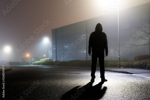 A sinister hooded figure, silhouetted by street lights on an empty industrial estate on a mysterious foggy night