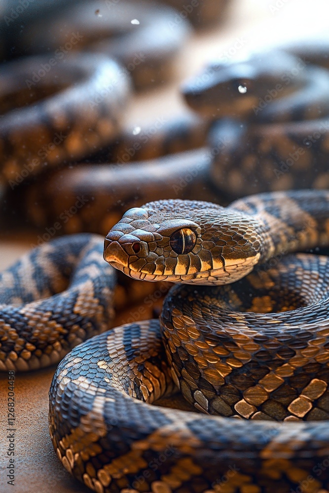 A rattlesnake lies on the sandy ground with its head facing the camera, displaying intricate brown patterns on its long slender body A rattlesnake lies on the sandy ground with its head facing the camera, displaying intricate brown patterns on its long slender body