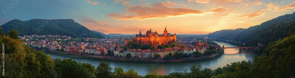 Obraz premium Heidelberg Castle at Sunset with Colorful Sky Over the Neckar River