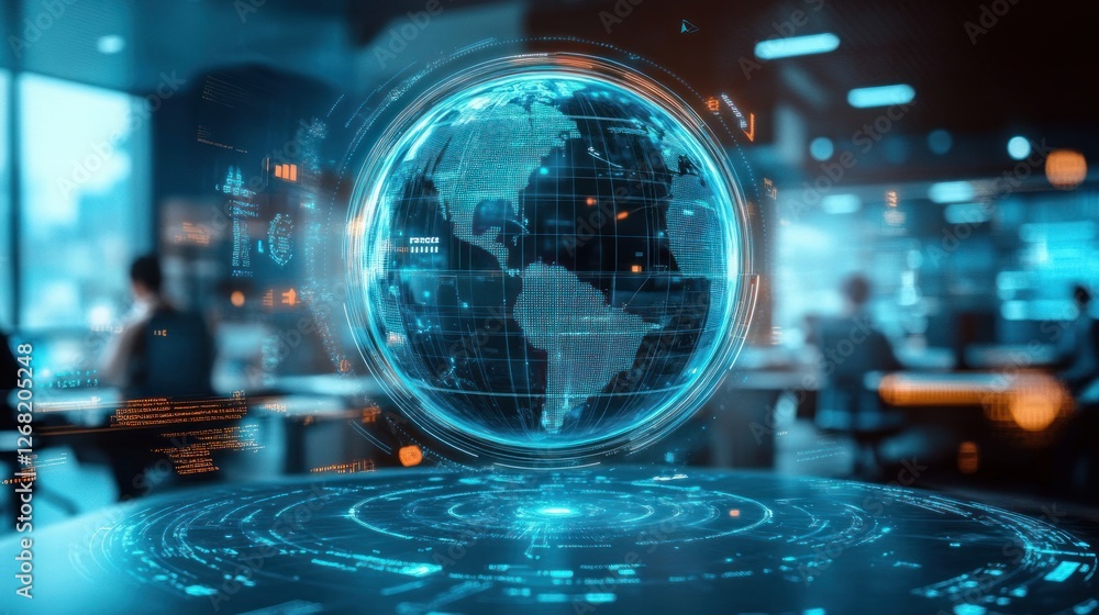Futuristic Office Scene with Holographic Globe and Digital Data Overlays Futuristic Office Scene with Holographic Globe and Digital Data Overlays